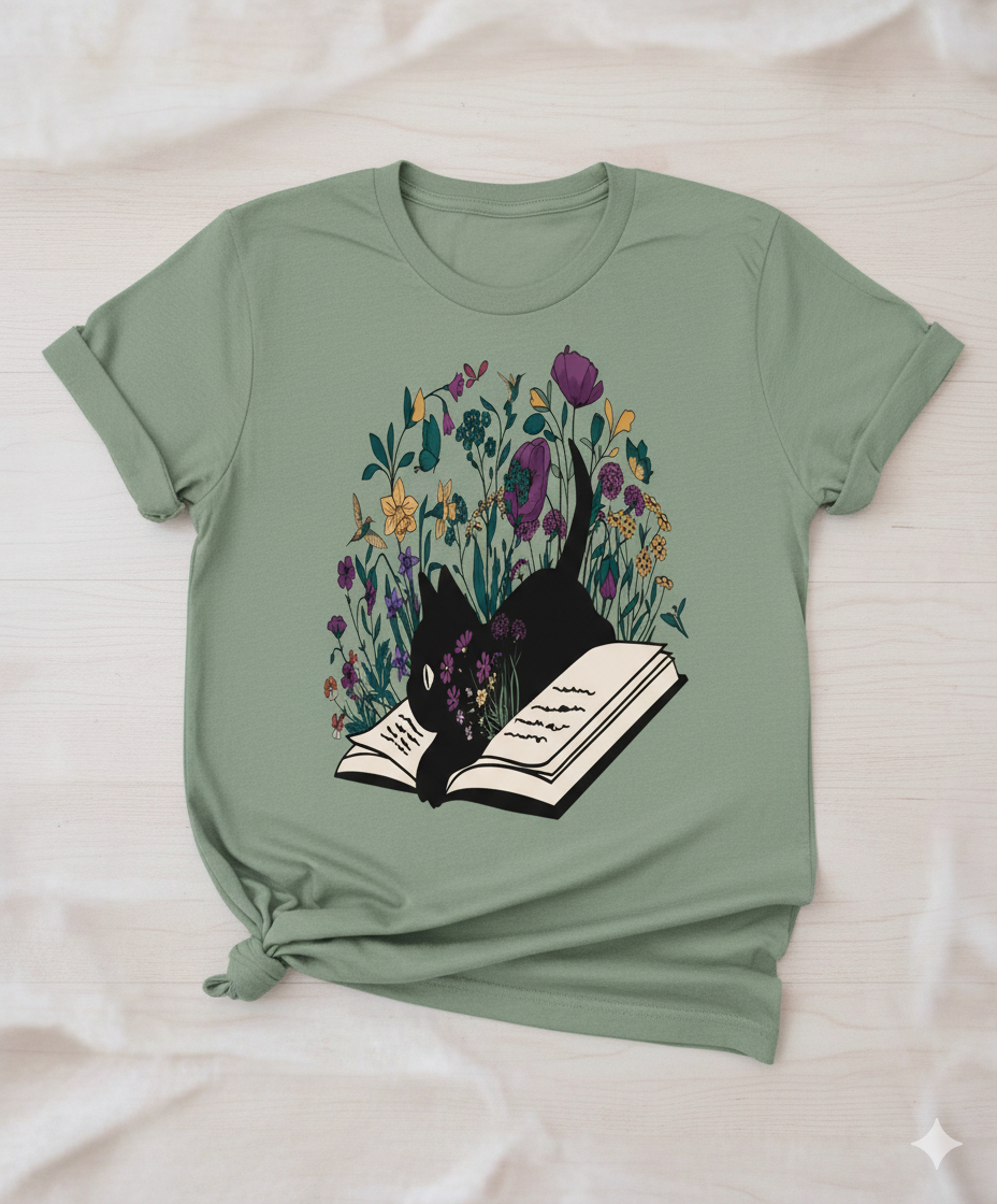 Floral Cat Shirt – Cute Cat Lover T-Shirt, Cat Book Shirt, Perfect Cat Mom Gift for Her