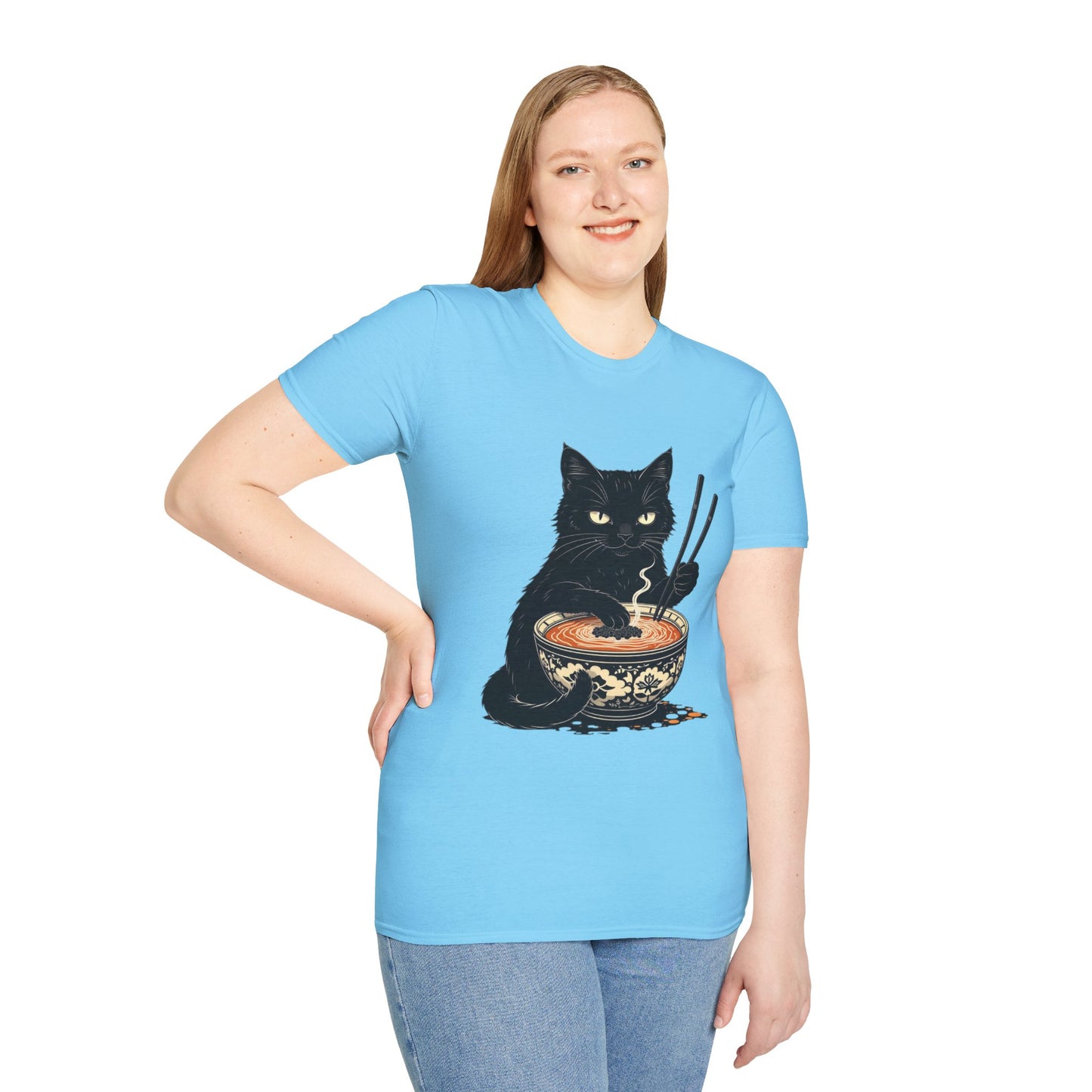 Noodle Cat Shirt, Ramen Cat T-Shirt, Foodie Lover Shirts, Black Cat Noodle T-Shirts, Retro Cat Tees, Cat Lover Sweatshirts, Black Cat Tee Funny Black Cat Ramen Unisex Softstyle T-Shirt
