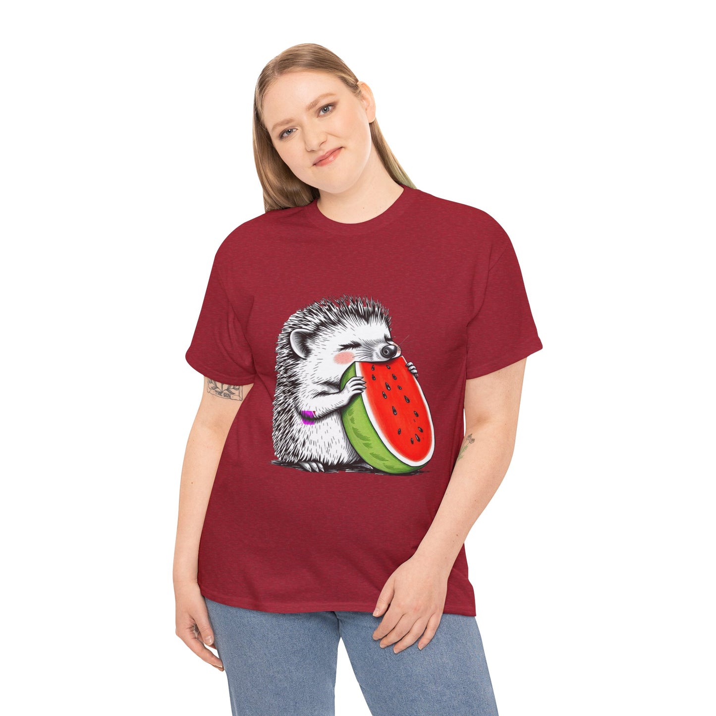Colorful Hedgehog T-Shirt, Cute Animal Eating Watermelon Tee, Unisex Graphic Shirt, Summer Fashion Top, Casual Wear, Gift Idea