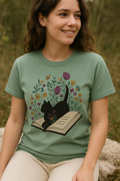 Floral Cat Shirt – Cute Cat Lover T-Shirt, Cat Book Shirt, Perfect Cat Mom Gift for Her