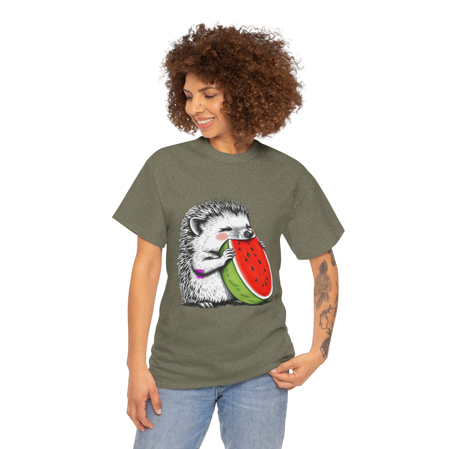 Colorful Hedgehog T-Shirt, Cute Animal Eating Watermelon Tee, Unisex Graphic Shirt, Summer Fashion Top, Casual Wear, Gift Idea