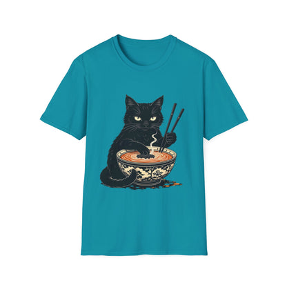 Noodle Cat Shirt, Ramen Cat T-Shirt, Foodie Lover Shirts, Black Cat Noodle T-Shirts, Retro Cat Tees, Cat Lover Sweatshirts, Black Cat Tee Funny Black Cat Ramen Unisex Softstyle T-Shirt