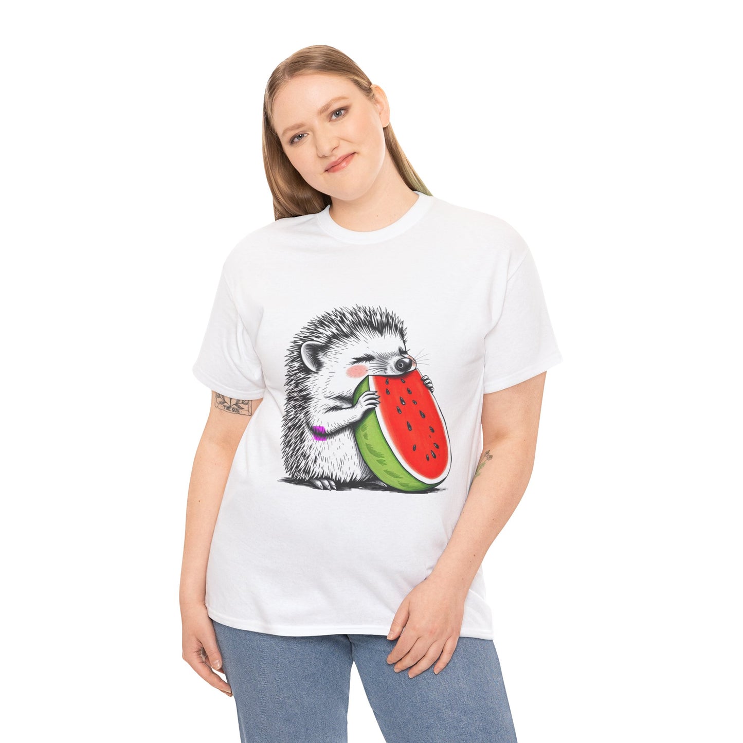 Colorful Hedgehog T-Shirt, Cute Animal Eating Watermelon Tee, Unisex Graphic Shirt, Summer Fashion Top, Casual Wear, Gift Idea