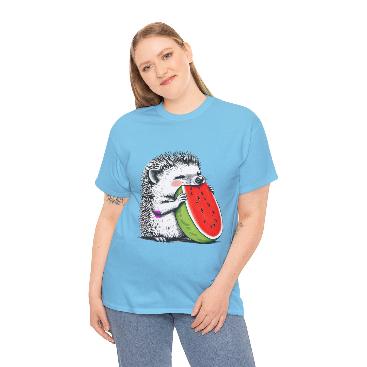 Colorful Hedgehog T-Shirt, Cute Animal Eating Watermelon Tee, Unisex Graphic Shirt, Summer Fashion Top, Casual Wear, Gift Idea