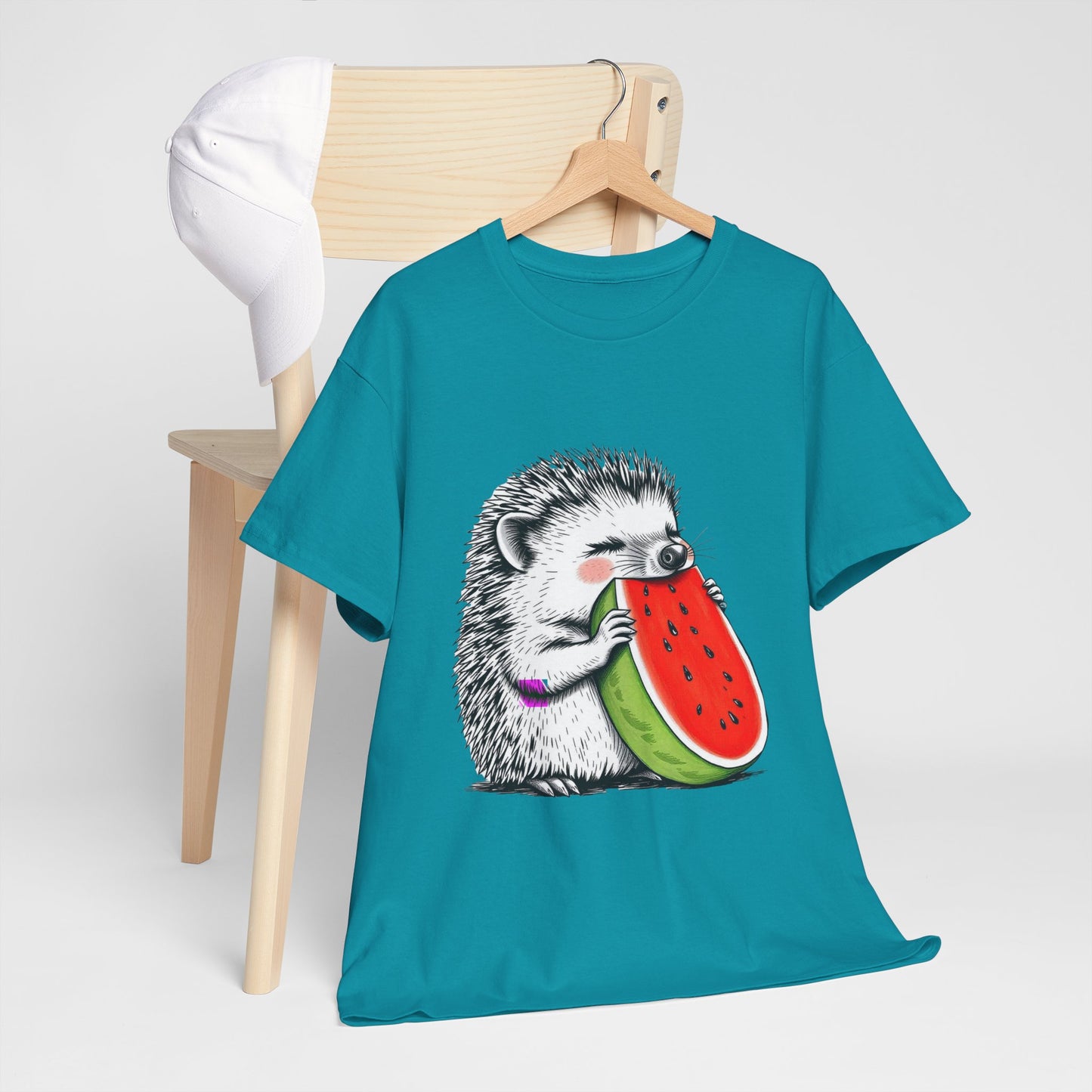 Colorful Hedgehog T-Shirt, Cute Animal Eating Watermelon Tee, Unisex Graphic Shirt, Summer Fashion Top, Casual Wear, Gift Idea