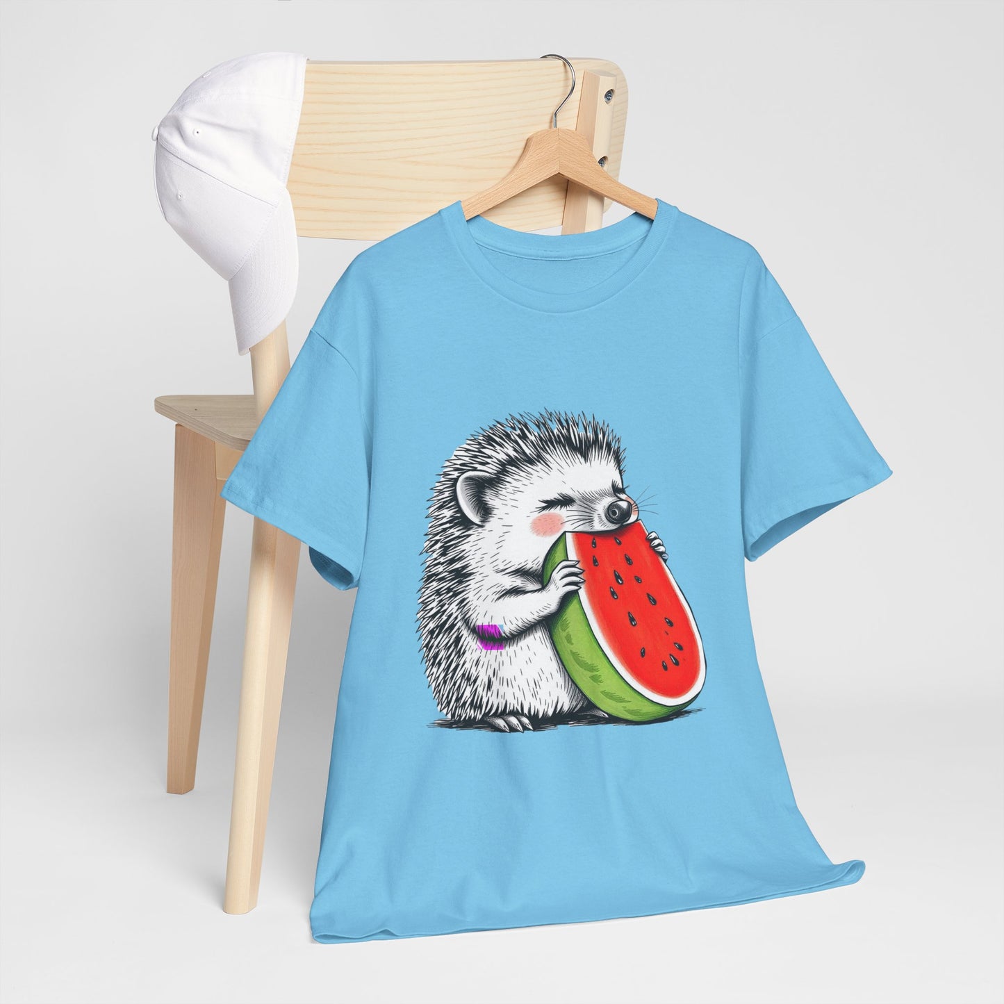 Colorful Hedgehog T-Shirt, Cute Animal Eating Watermelon Tee, Unisex Graphic Shirt, Summer Fashion Top, Casual Wear, Gift Idea