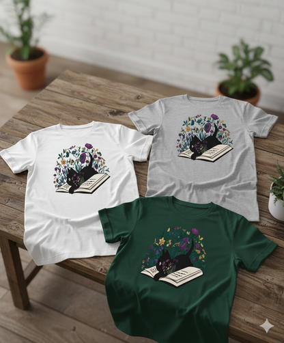 Floral Cat Shirt – Cute Cat Lover T-Shirt, Cat Book Shirt, Perfect Cat Mom Gift for Her
