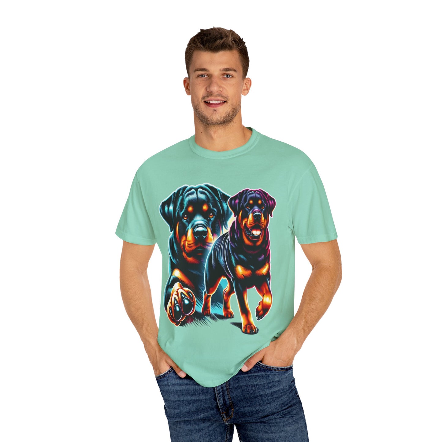 Vibrant Rottweiler Duo Unisex T-Shirt . Rottweiler Lover 3D T-Shirt – Mother’s Day Gift | All Over Print, Best Price