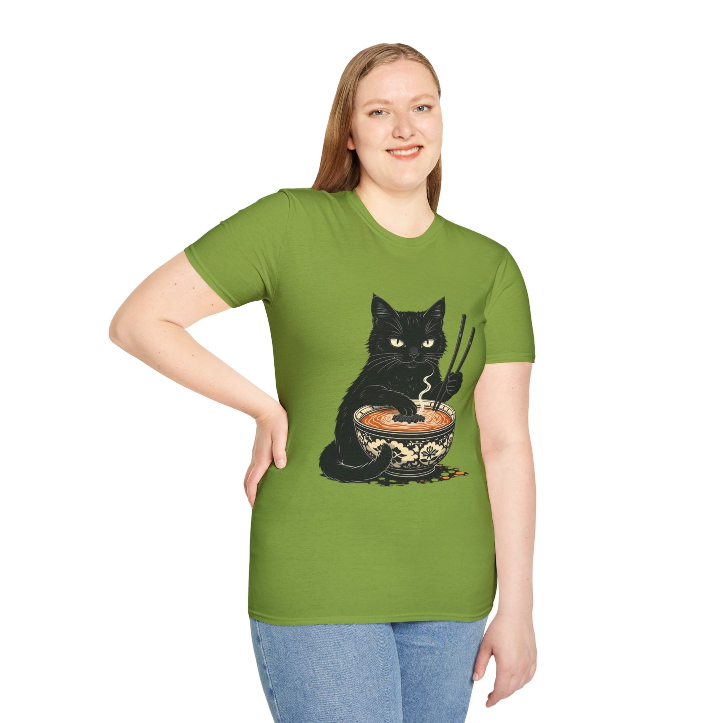 Noodle Cat Shirt, Ramen Cat T-Shirt, Foodie Lover Shirts, Black Cat Noodle T-Shirts, Retro Cat Tees, Cat Lover Sweatshirts, Black Cat Tee Funny Black Cat Ramen Unisex Softstyle T-Shirt