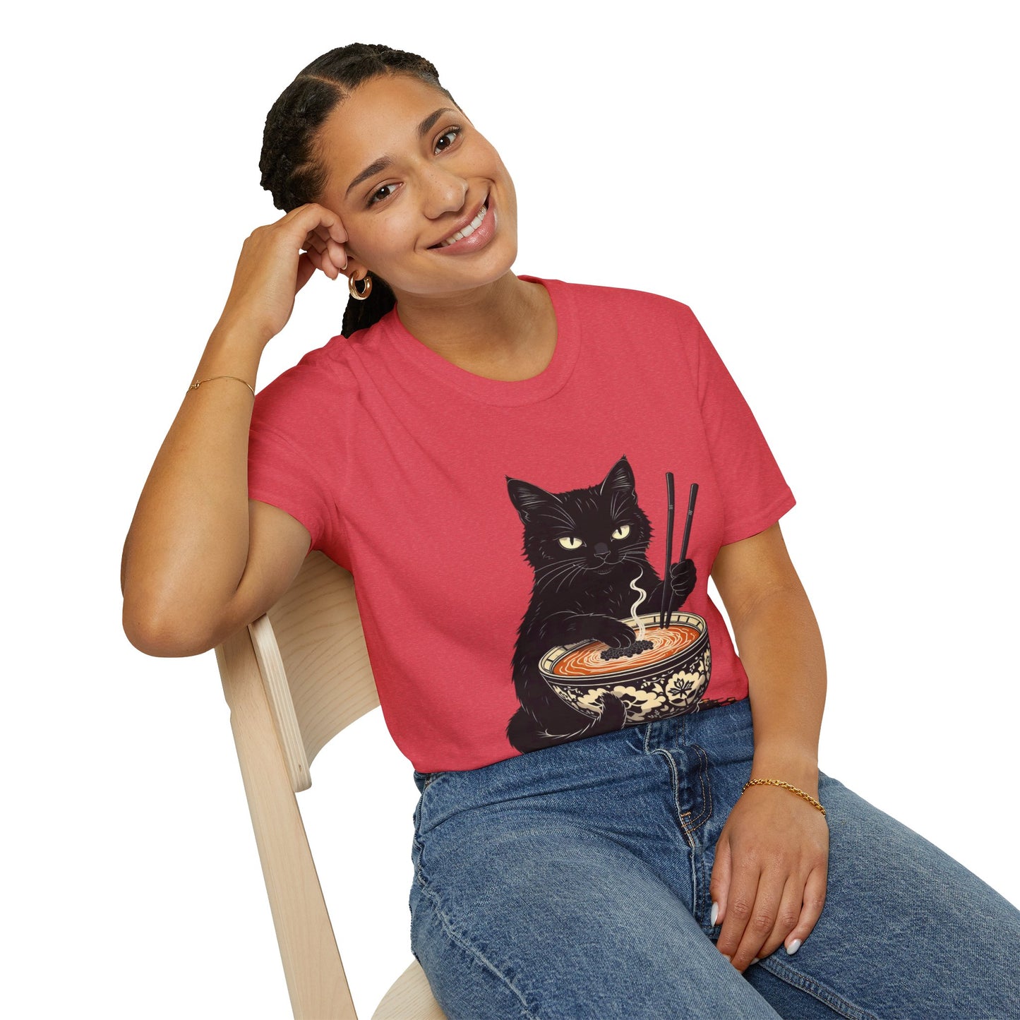 Noodle Cat Shirt, Ramen Cat T-Shirt, Foodie Lover Shirts, Black Cat Noodle T-Shirts, Retro Cat Tees, Cat Lover Sweatshirts, Black Cat Tee Funny Black Cat Ramen Unisex Softstyle T-Shirt
