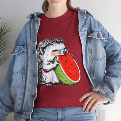 Colorful Hedgehog T-Shirt, Cute Animal Eating Watermelon Tee, Unisex Graphic Shirt, Summer Fashion Top, Casual Wear, Gift Idea