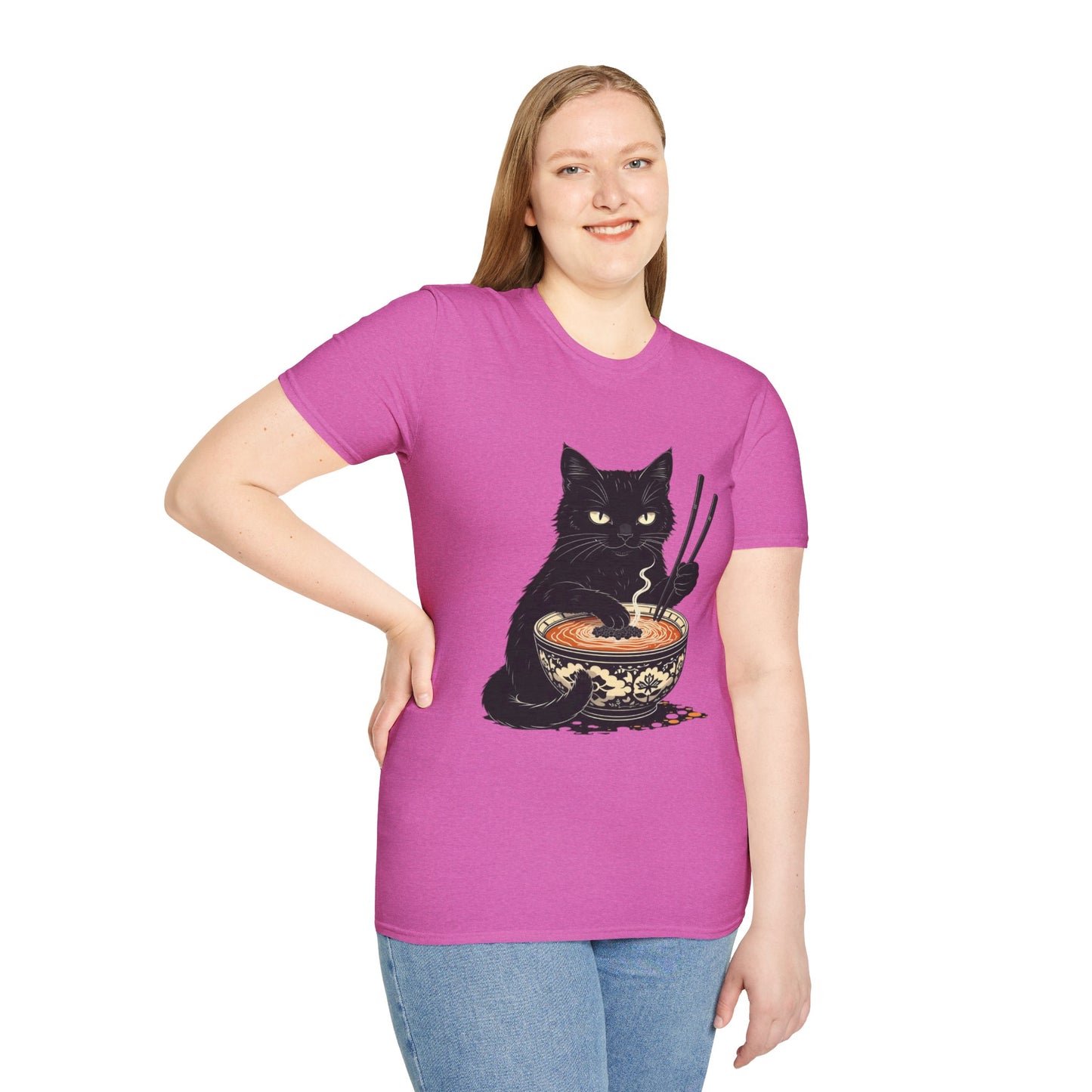 Noodle Cat Shirt, Ramen Cat T-Shirt, Foodie Lover Shirts, Black Cat Noodle T-Shirts, Retro Cat Tees, Cat Lover Sweatshirts, Black Cat Tee Funny Black Cat Ramen Unisex Softstyle T-Shirt