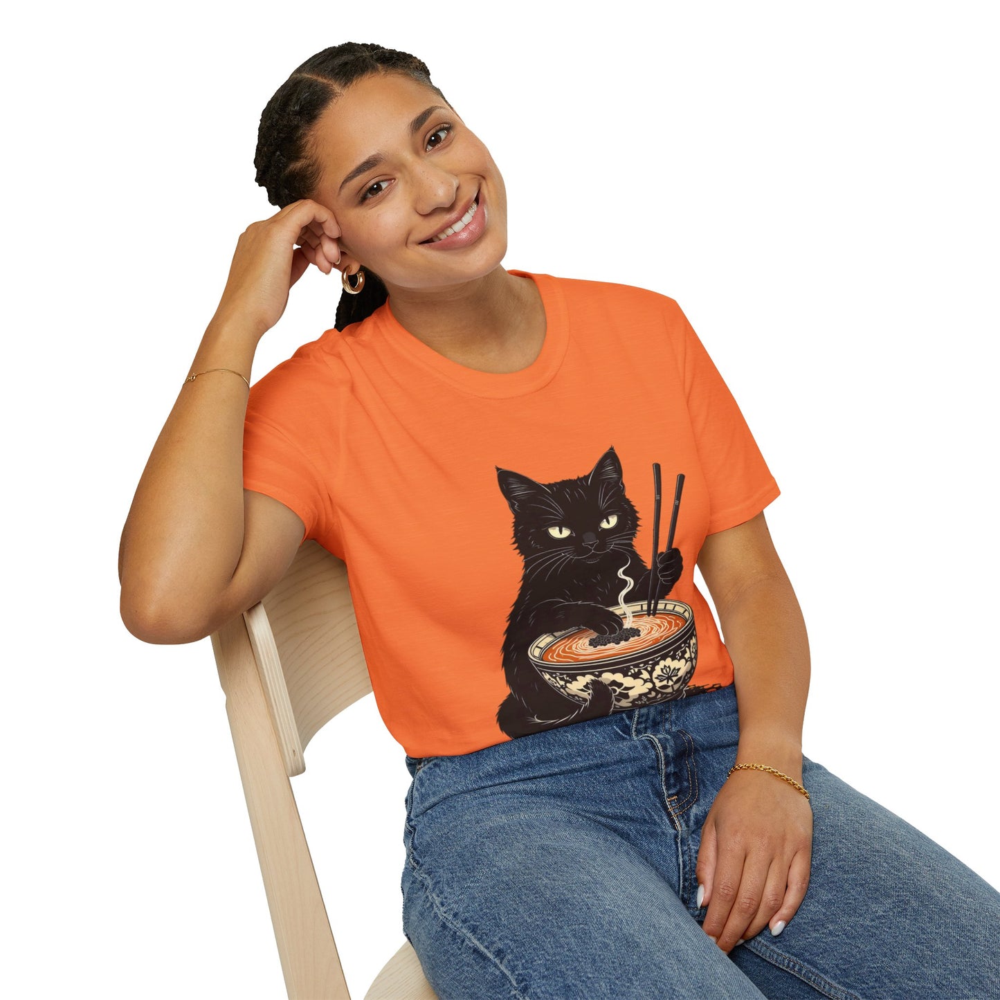 Noodle Cat Shirt, Ramen Cat T-Shirt, Foodie Lover Shirts, Black Cat Noodle T-Shirts, Retro Cat Tees, Cat Lover Sweatshirts, Black Cat Tee Funny Black Cat Ramen Unisex Softstyle T-Shirt