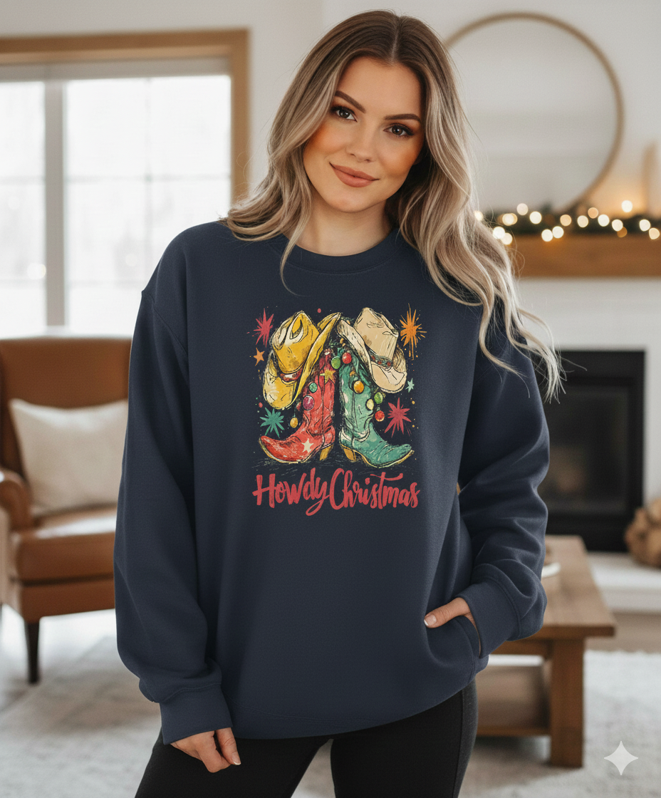 Howdy Christmas Shirt – Western Cowboy Boots Holiday T-Shirt, Rustic Country Christmas Graphic Tee