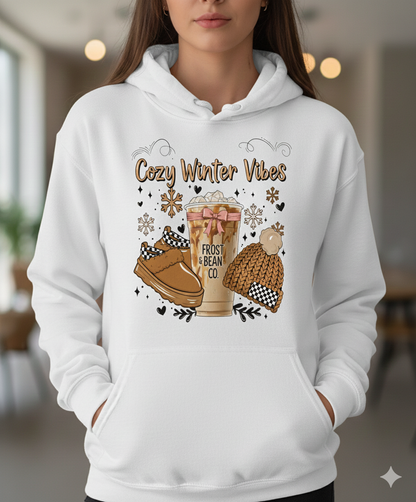 Cozy Winter Vibes eco-friendly hoodie with coffee aesthetic design. Sustainable, warm hoodie perfect for winter, coffee lovers, and cozy fashion fans.