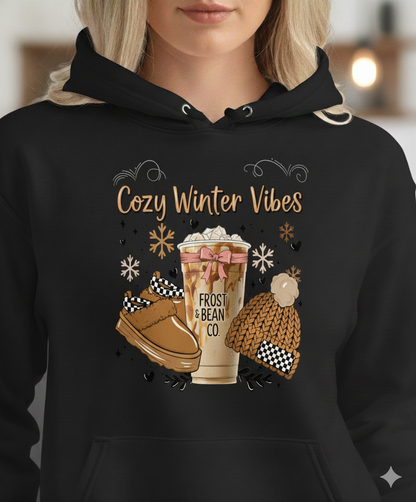 Cozy Winter Vibes eco-friendly hoodie with coffee aesthetic design. Sustainable, warm hoodie perfect for winter, coffee lovers, and cozy fashion fans.