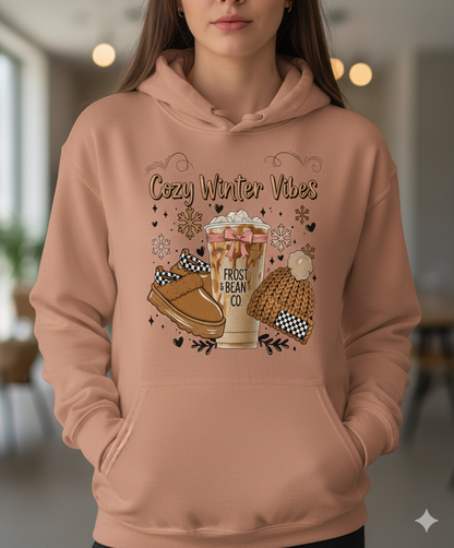 Cozy Winter Vibes eco-friendly hoodie with coffee aesthetic design. Sustainable, warm hoodie perfect for winter, coffee lovers, and cozy fashion fans.