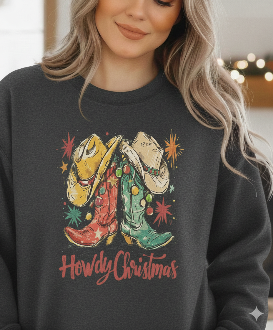 Howdy Christmas Shirt – Western Cowboy Boots Holiday T-Shirt, Rustic Country Christmas Graphic Tee