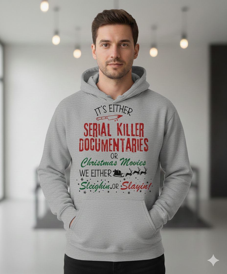 Dark humor Christmas hoodie for true crime lovers. Serial killer documentaries or Christmas movies design—funny, edgy, and perfect for holiday gifts.