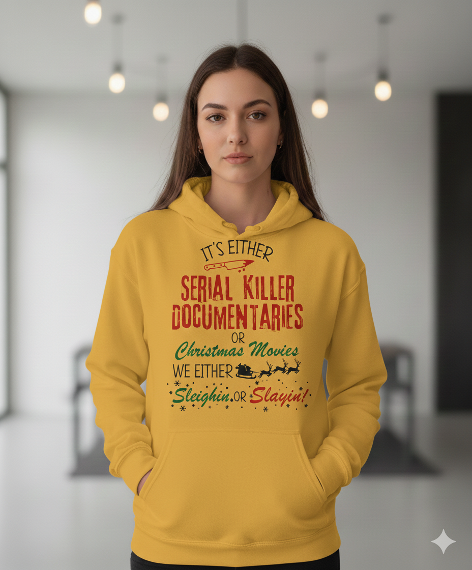 Dark humor Christmas hoodie for true crime lovers. Serial killer documentaries or Christmas movies design—funny, edgy, and perfect for holiday gifts.