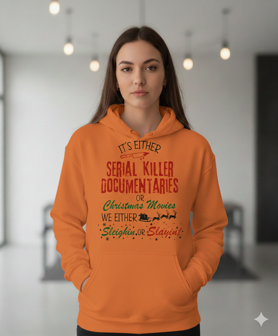 Dark humor Christmas hoodie for true crime lovers. Serial killer documentaries or Christmas movies design—funny, edgy, and perfect for holiday gifts.
