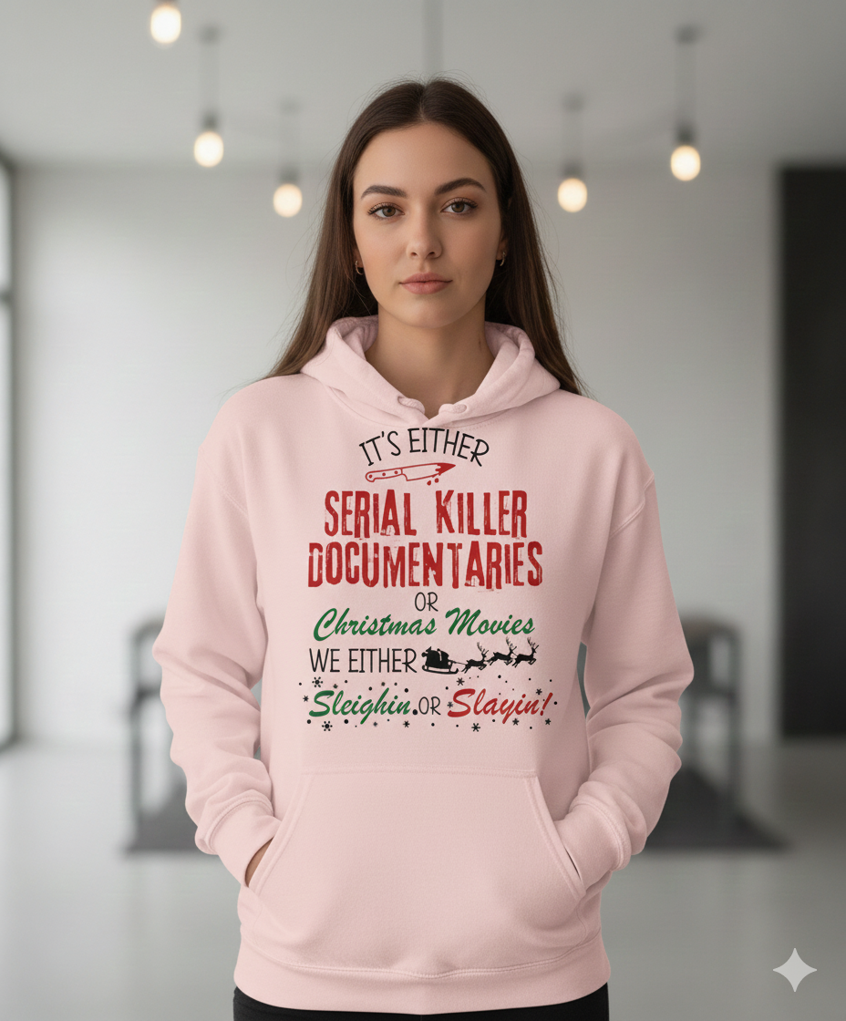 Dark humor Christmas hoodie for true crime lovers. Serial killer documentaries or Christmas movies design—funny, edgy, and perfect for holiday gifts.