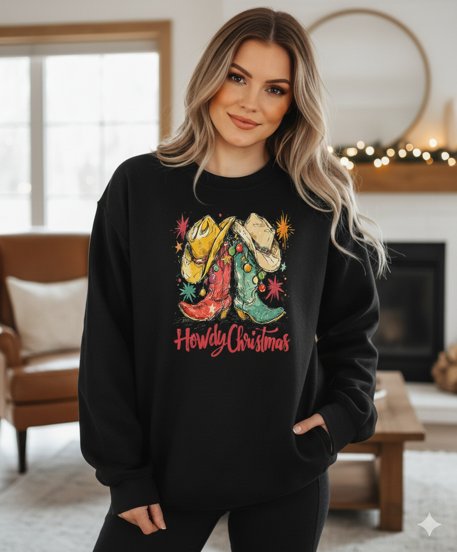 Howdy Christmas Shirt – Western Cowboy Boots Holiday T-Shirt, Rustic Country Christmas Graphic Tee