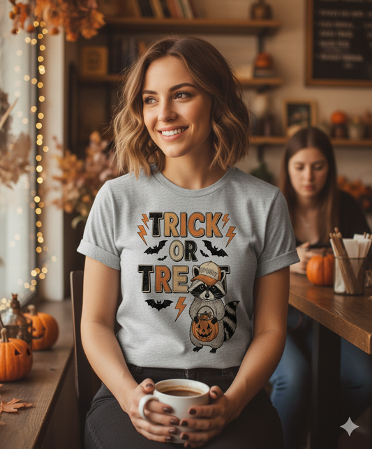 Cute Raccoon Trick or Treat Halloween Shirt – Retro Spooky Season Pumpkin Sweatshirt, Salem Witch Vibes Tee