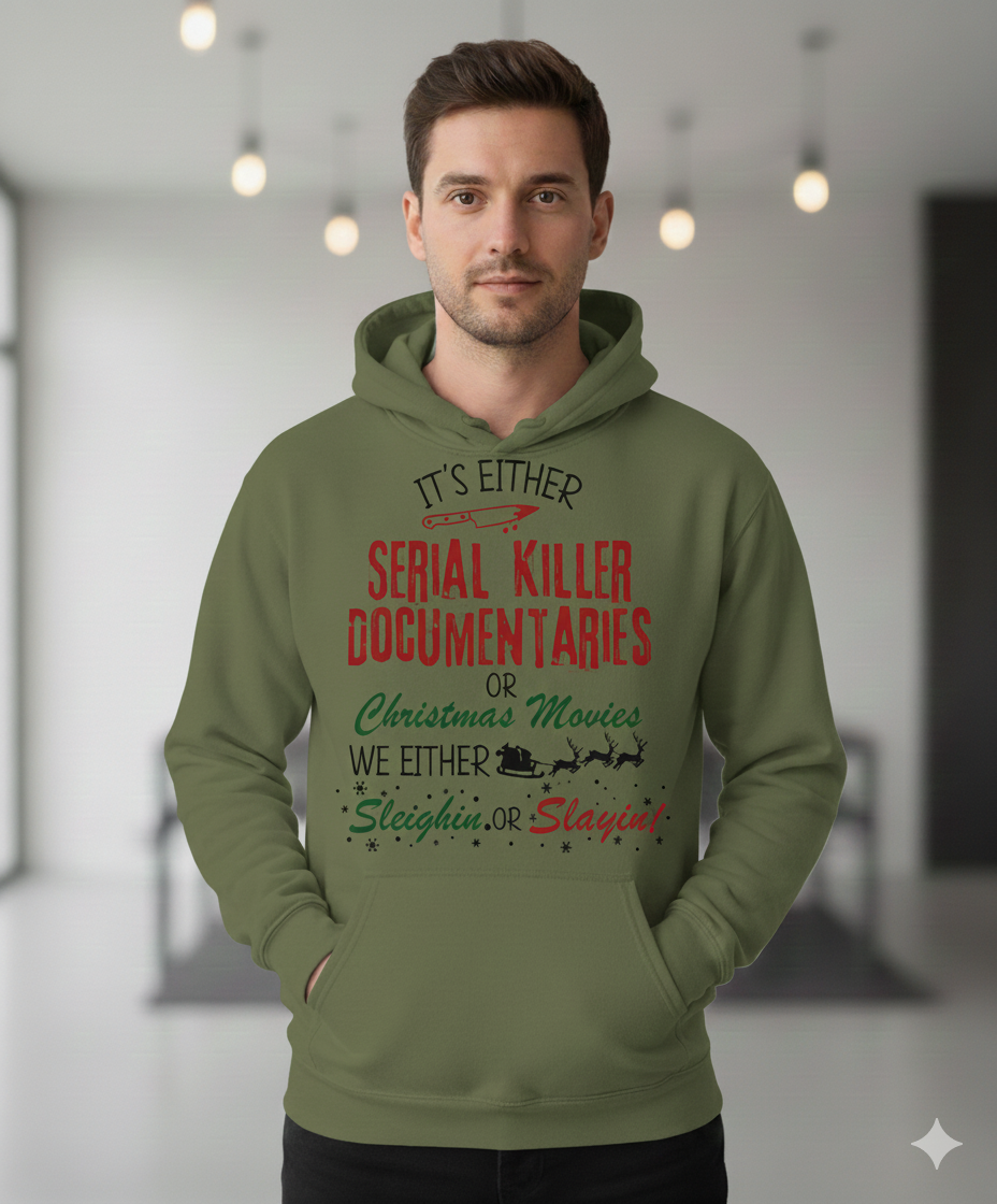Dark humor Christmas hoodie for true crime lovers. Serial killer documentaries or Christmas movies design—funny, edgy, and perfect for holiday gifts.