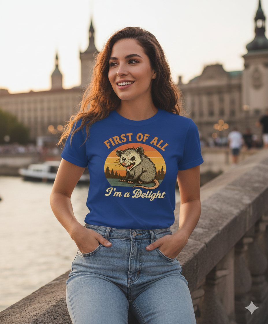 Funny Opossum T-Shirt – First Of All I’m A Delight Sarcastic Tee, Angry Possum Lover Shirt, Cute Sarcastic Self-Love Gift