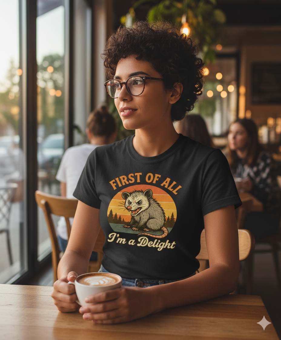 Funny Opossum T-Shirt – First Of All I’m A Delight Sarcastic Tee, Angry Possum Lover Shirt, Cute Sarcastic Self-Love Gift
