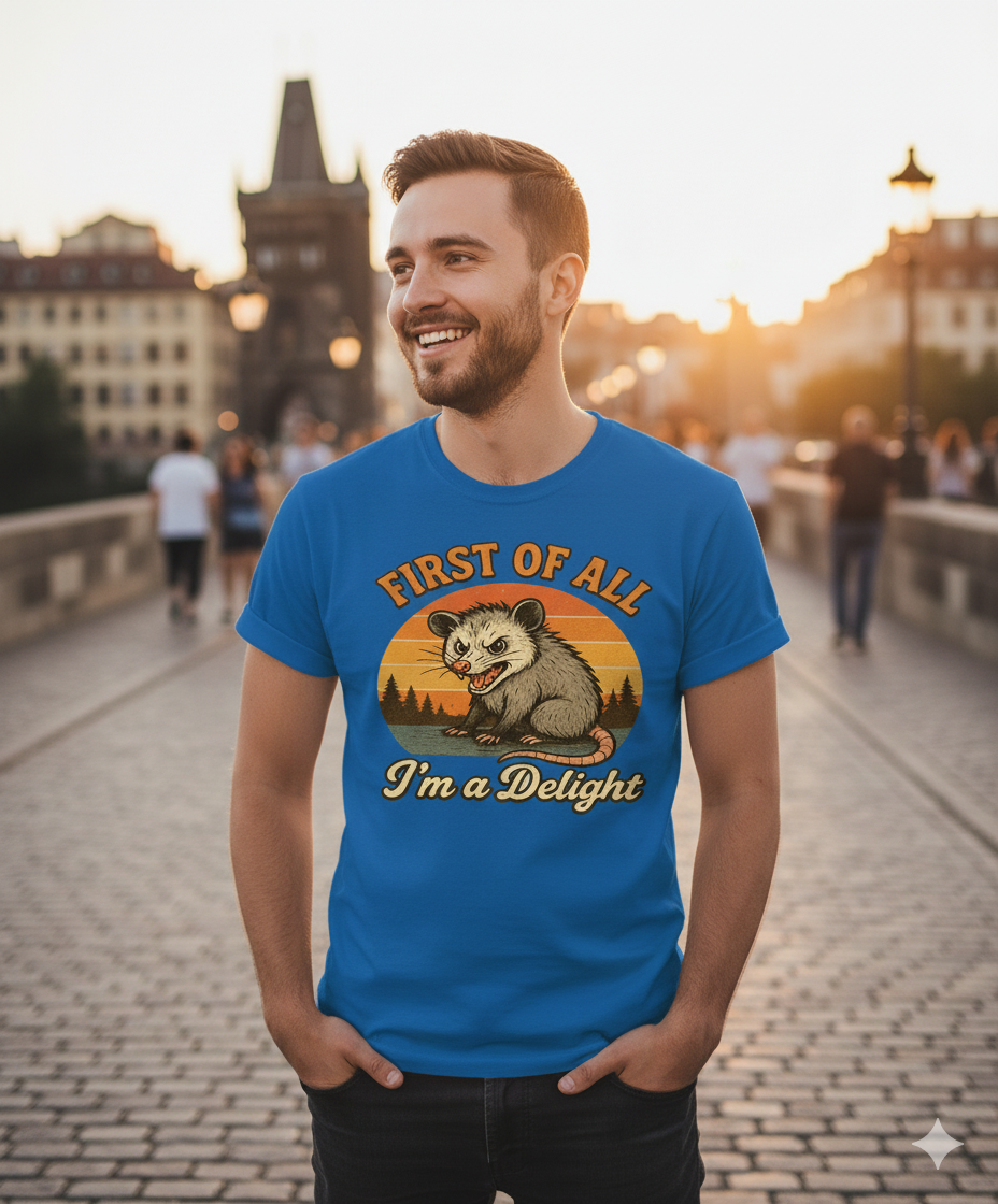 Funny Opossum T-Shirt – First Of All I’m A Delight Sarcastic Tee, Angry Possum Lover Shirt, Cute Sarcastic Self-Love Gift