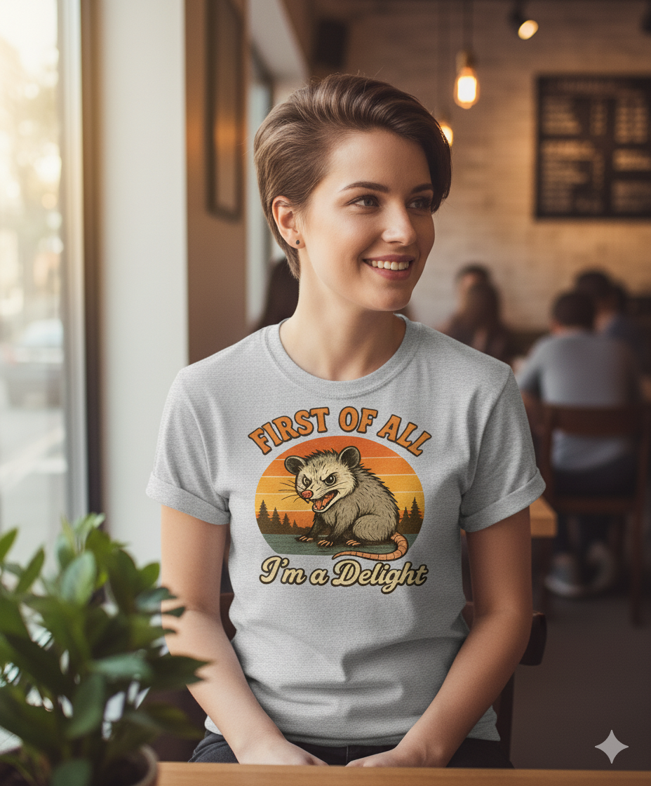 Funny Opossum T-Shirt – First Of All I’m A Delight Sarcastic Tee, Angry Possum Lover Shirt, Cute Sarcastic Self-Love Gift