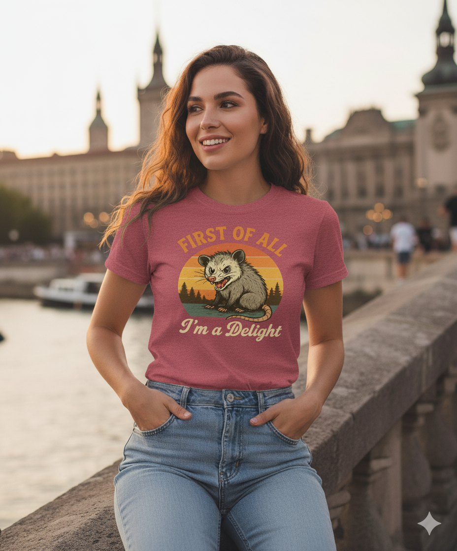 Funny Opossum T-Shirt – First Of All I’m A Delight Sarcastic Tee, Angry Possum Lover Shirt, Cute Sarcastic Self-Love Gift